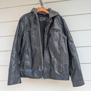 Men's Black Faux Leather Jacket with Hood